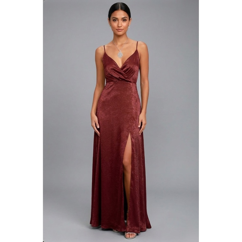 NWT Lulus Constantine Burgundy Satin Maxi Dress Surplice Slit Lined Prom Homco M